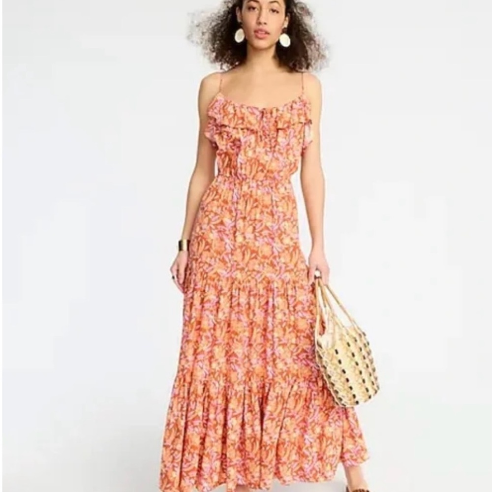 J. Crew Tiered Floral Orange Maxi Dress. Size S. NWT. - Picture 1 of 12